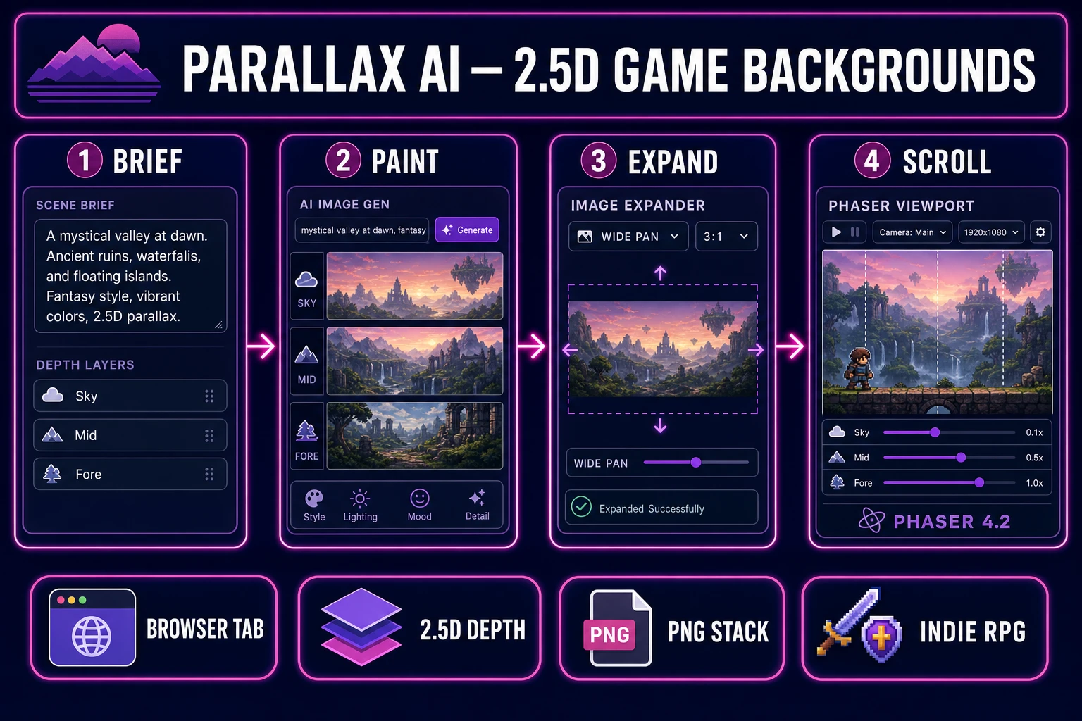 Parallax ai pipeline diagram — four numbered panels for depth brief, AI Image Gen plates, Image Expander wide pan, and Phaser 4.2 scroll output
