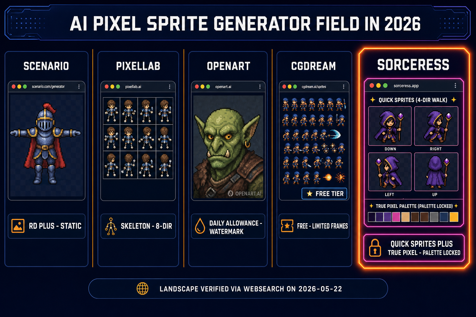 AI pixel sprite generator field comparison in 2026: Scenario, PixelLab, OpenArt, CGDream, and Sorceress Quick Sprites plus True Pixel for the palette-locked path