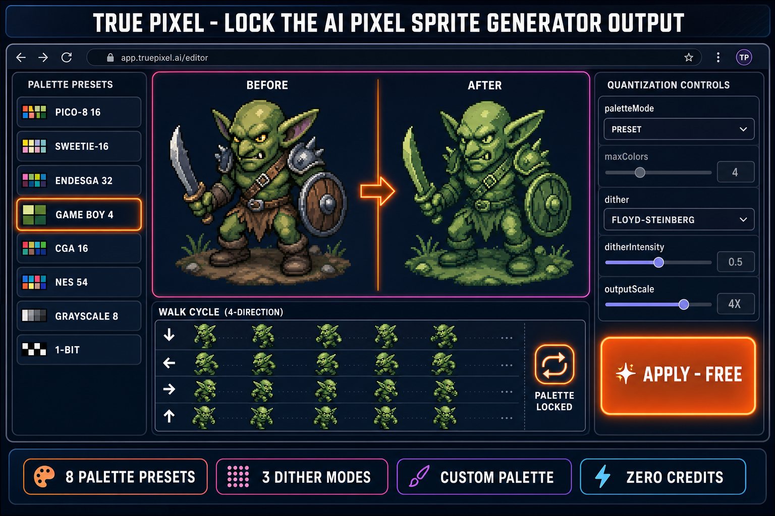 True Pixel palette quantization step inside the AI pixel sprite generator pipeline: PICO-8, Game Boy, NES presets with Floyd-Steinberg dither locking a 48x48 sprite to the target palette