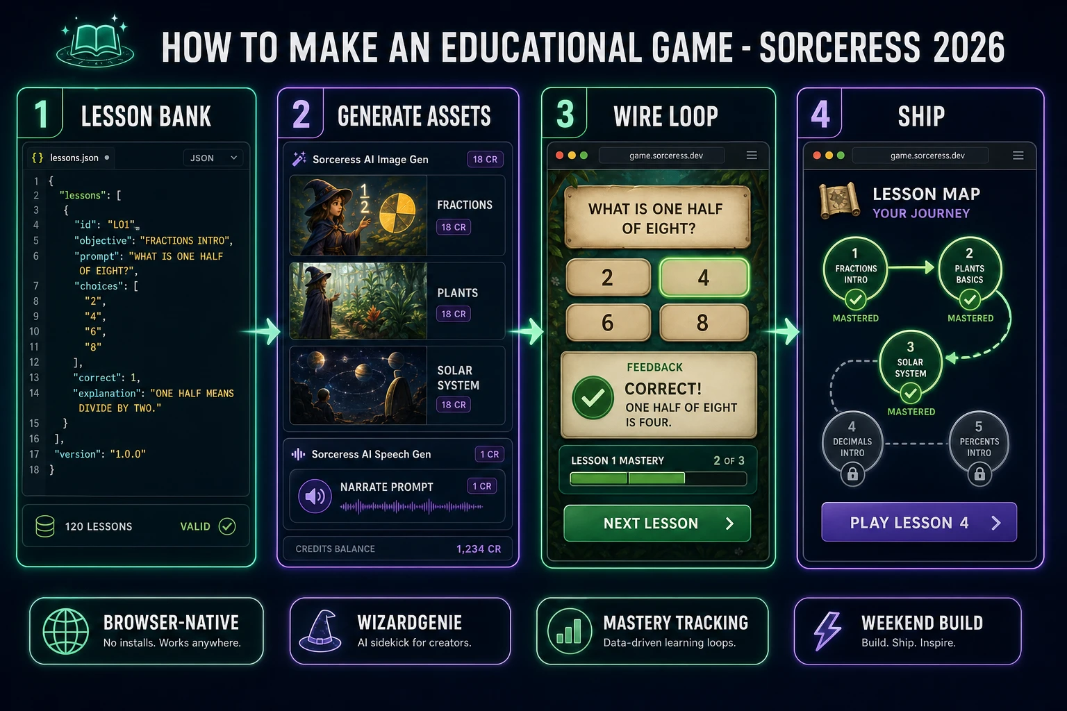 How to make an educational game browser pipeline: build the JSON lesson bank, generate lesson art and narration, wire the prompt-attempt-feedback loop in WizardGenie, and ship a browser build