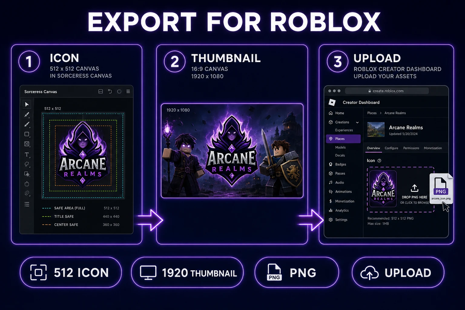 Two Sorceress Canvas exports: a 512x512 Roblox experience icon and a 1920x1080 experience detail thumbnail with an upload arrow