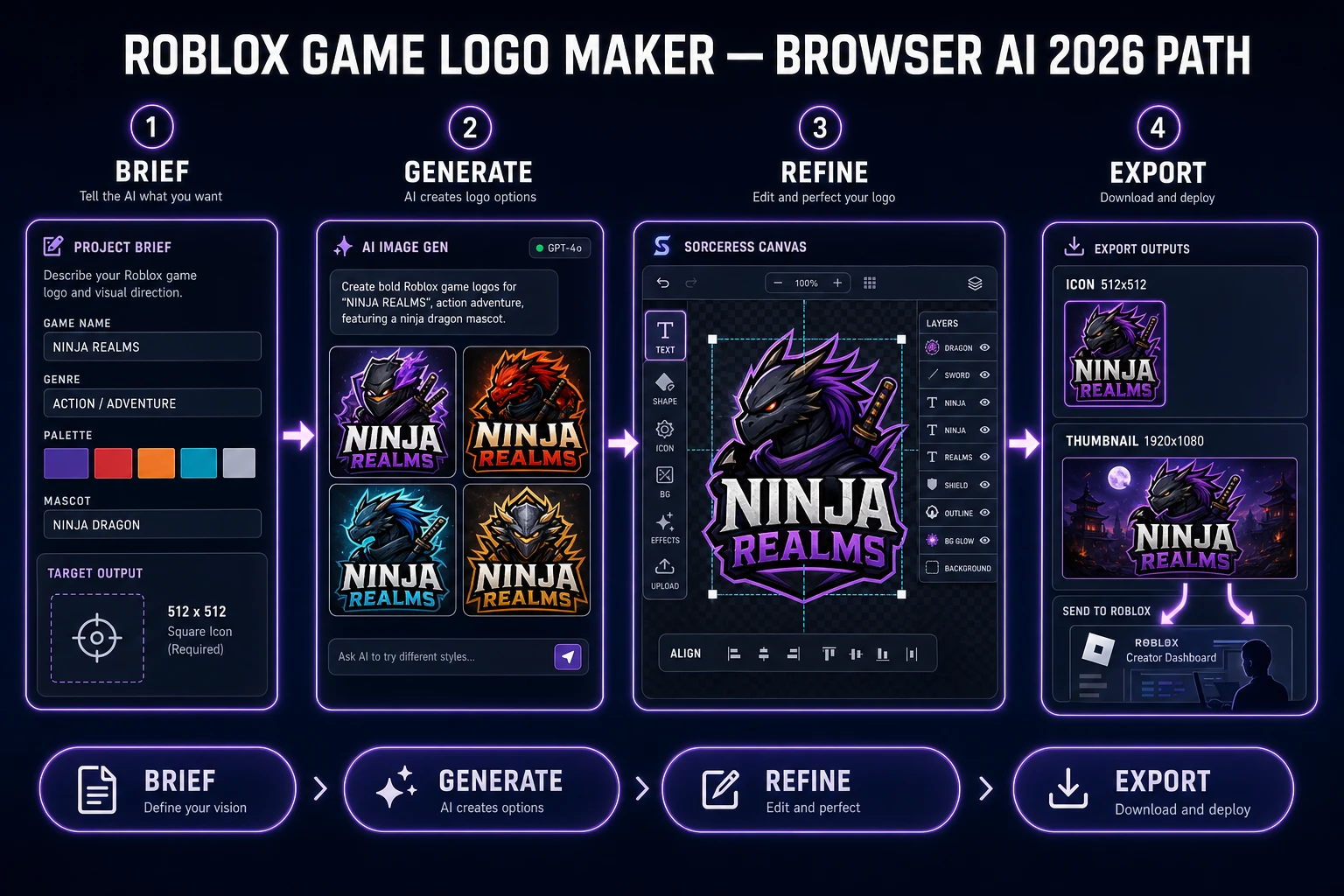 Roblox game logo maker workflow with brief, AI Image Gen batch, Canvas refine, and 512 icon plus 1920 thumbnail exports