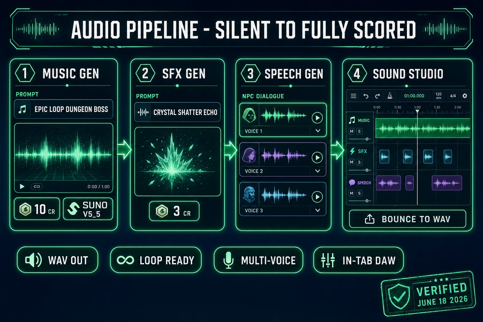 Audio pipeline for ai for game developers - four-tool chain from Music Gen Suno V5_5 loop at 10 credits to SFX Gen at 3 credits per one-shot to Speech Gen NPC dialogue to Sound Studio in-browser DAW mix, verified June 18 2026