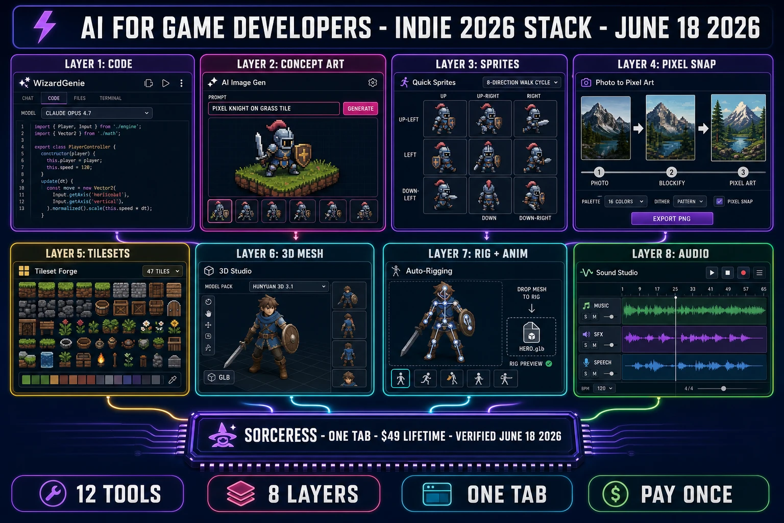 AI for game developers in 2026 - eight-layer browser-native pipeline showing WizardGenie coding picker, AI Image Gen, Quick Sprites, Pixel Snap, Tileset Forge, 3D Studio, Auto-Rigging, Music Gen, SFX Gen, Speech Gen, and Sound Studio feeding a central Sorceress account chip verified June 18, 2026
