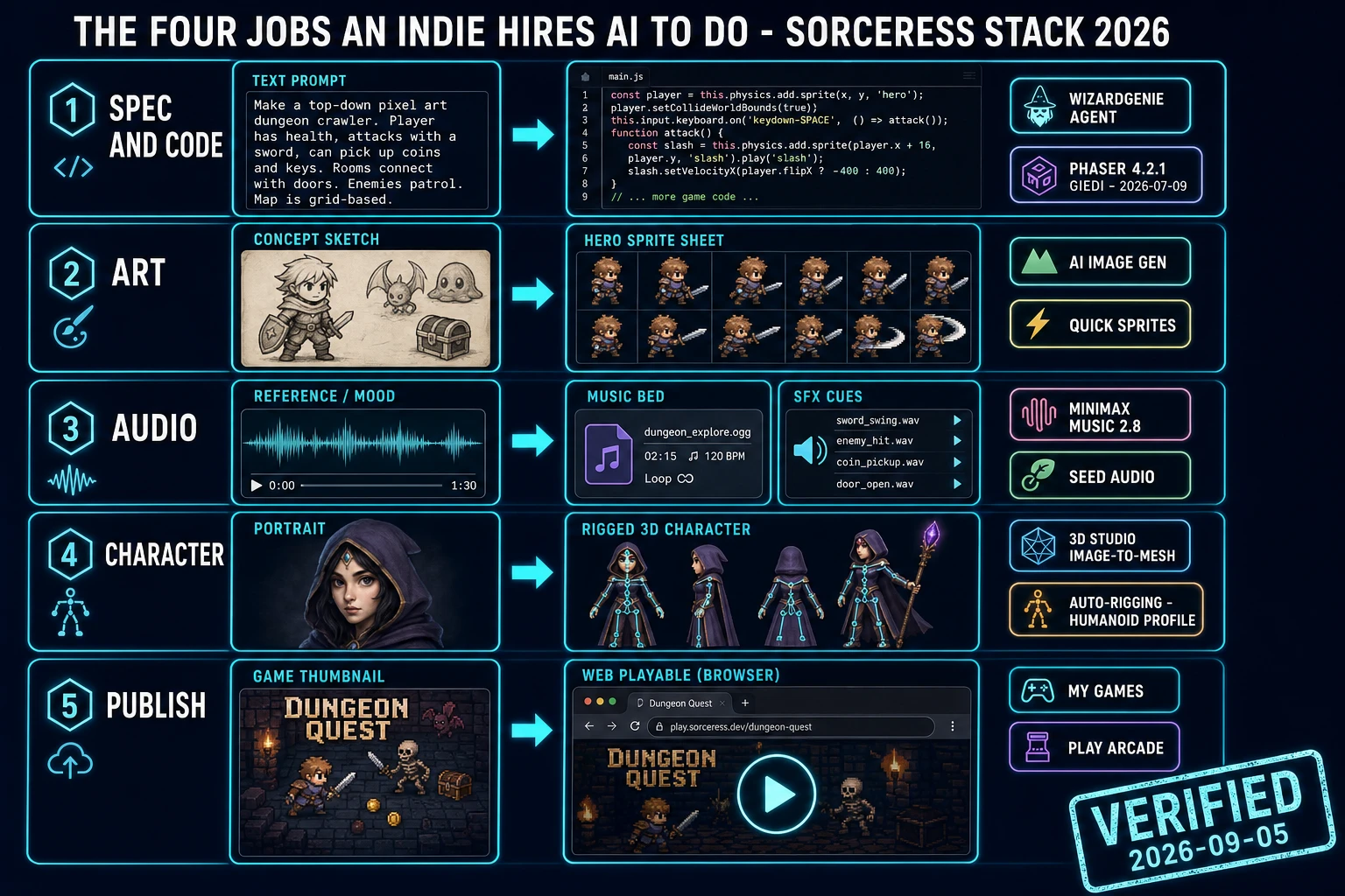 The four jobs an indie hires AI to do in the Sorceress ai for game developers stack: spec-to-code with WizardGenie writing Phaser 4.2.1 Giedi, concept-to-sprite with AI Image Gen and Quick Sprites, waveform-to-music with MiniMax Music 2.8 and sound with Seed Audio, portrait-to-rigged-character with 3D Studio image-to-mesh and Auto-Rigging humanoid profile, plus publishing to My Games and Play Arcade