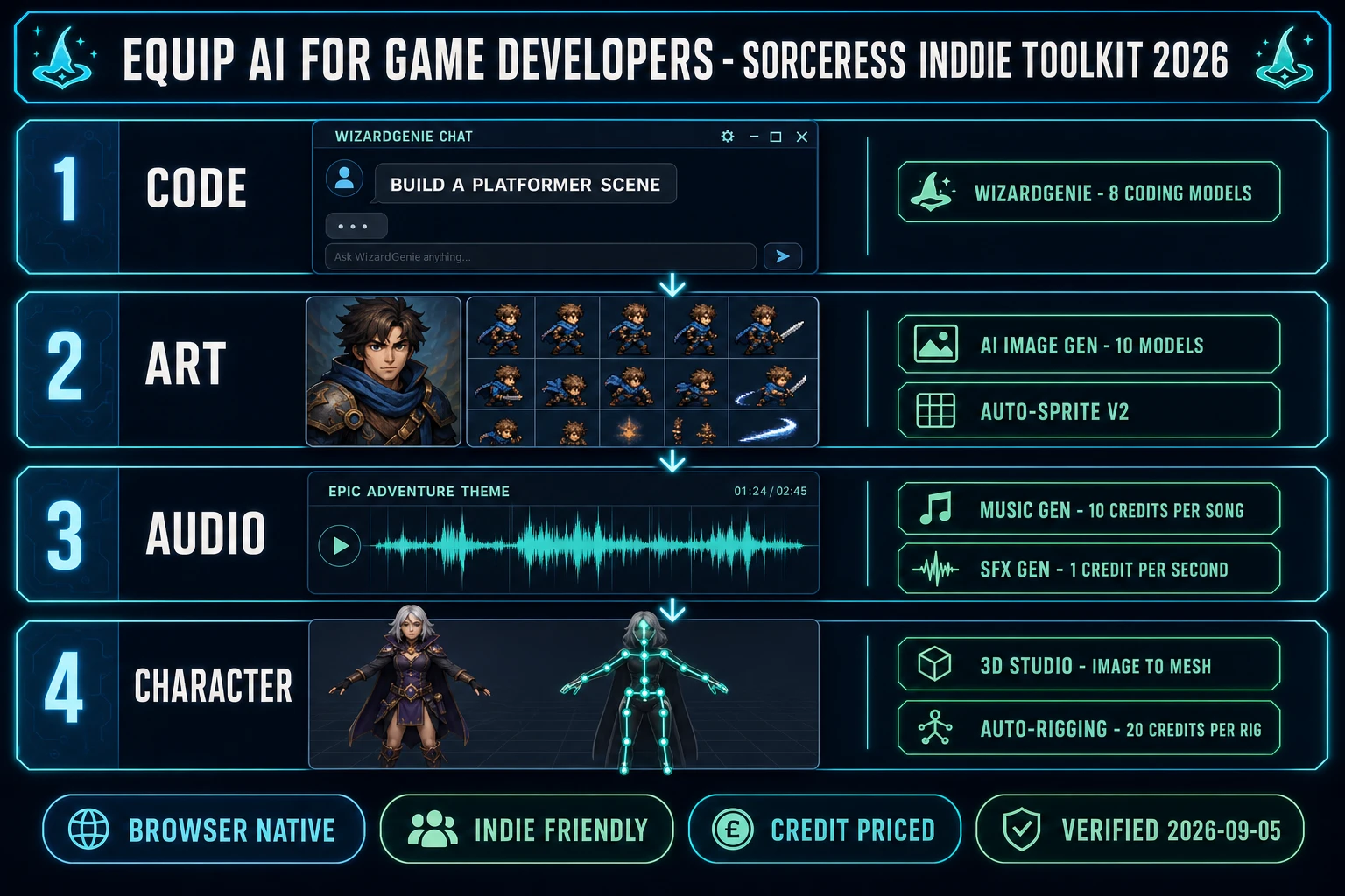 Equip AI for game developers indie toolkit 2026: four-panel Sorceress diagram showing WizardGenie for code with 8 coding models, AI Image Gen and Auto-Sprite v2 for art, Music Gen at 10 credits per song and SFX Gen at 1 credit per second, plus 3D Studio image-to-mesh and Auto-Rigging at 20 credits per rig