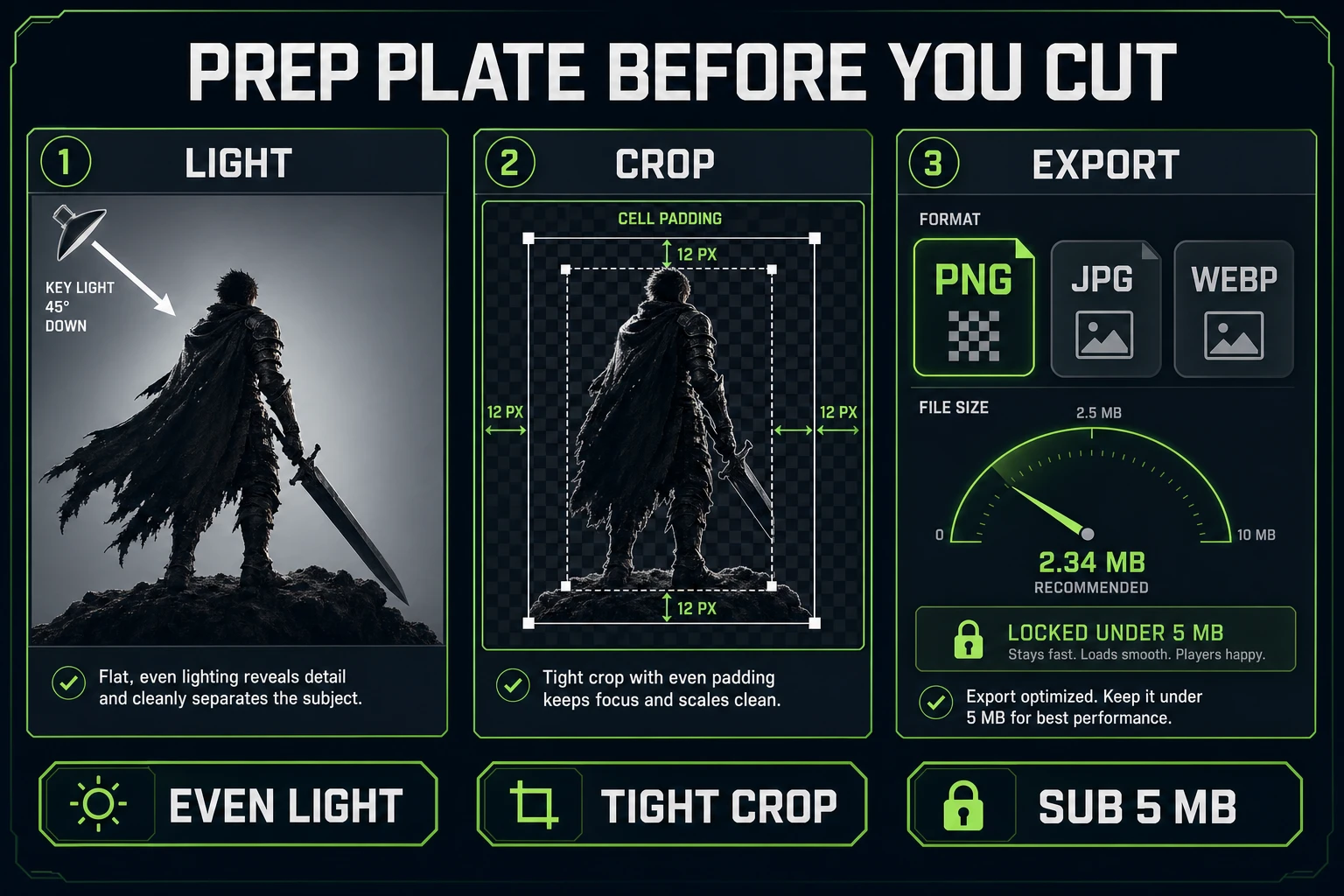 Prep checklist for a game sprite background removal: even light, tight bounding-box crop, and files under five megabytes