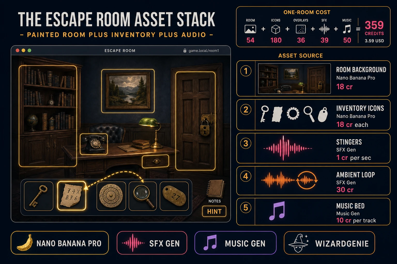 Escape room game asset stack showing a painted room background with highlighted hotspots, an inventory bar with item icons, a combines table, and the puzzle-graph JSON schema