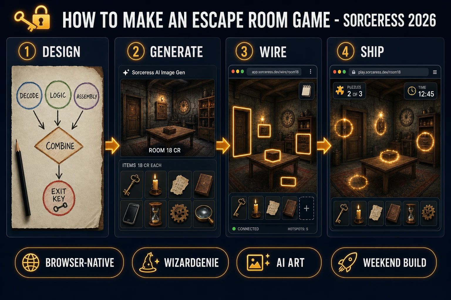 How to make an escape room game browser pipeline: design the clue chain, generate the painted room and hotspot items, wire click hotspots and inventory combine in WizardGenie, and ship a browser build