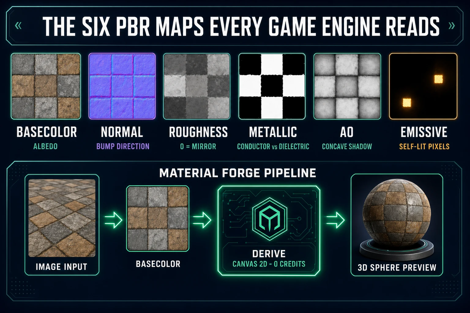 The six PBR maps every game engine reads - BaseColor albedo, Normal bump direction, Roughness 0 mirror to 1 matte, Metallic conductor or dielectric, AO concave shadow, Emissive self-lit pixels - rendered through the Material Forge derive pipeline