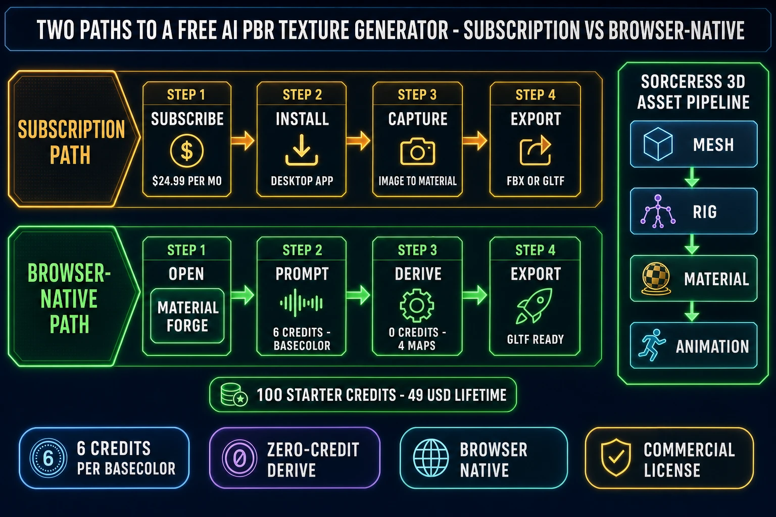 Two paths to a free AI PBR texture generator - subscription path through Adobe Substance Sampler at 24.99 per month versus browser-native path through Sorceress Material Forge at 6 credits per BaseColor and zero credits per derived map - paired with the four-layer 3D asset pipeline mesh rig material animation