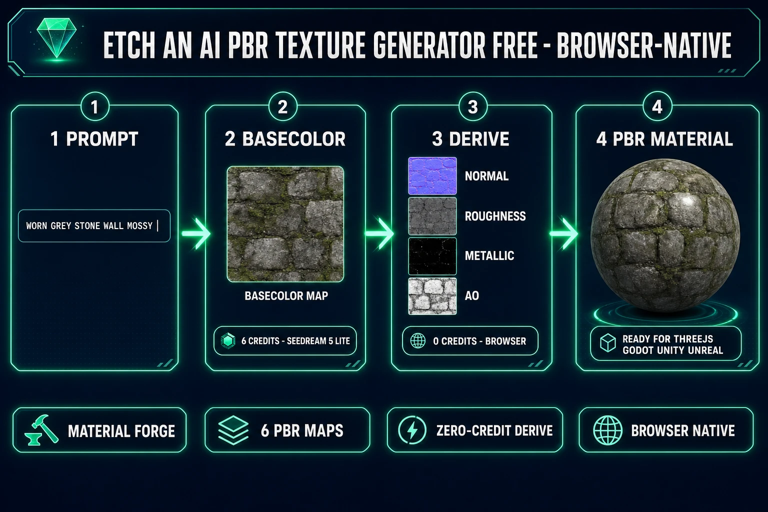 AI PBR texture generator free pipeline diagram for indie games - prompt baseColor seedream 5 lite derive maps browser PBR material ready for Three.js Godot Unity Unreal