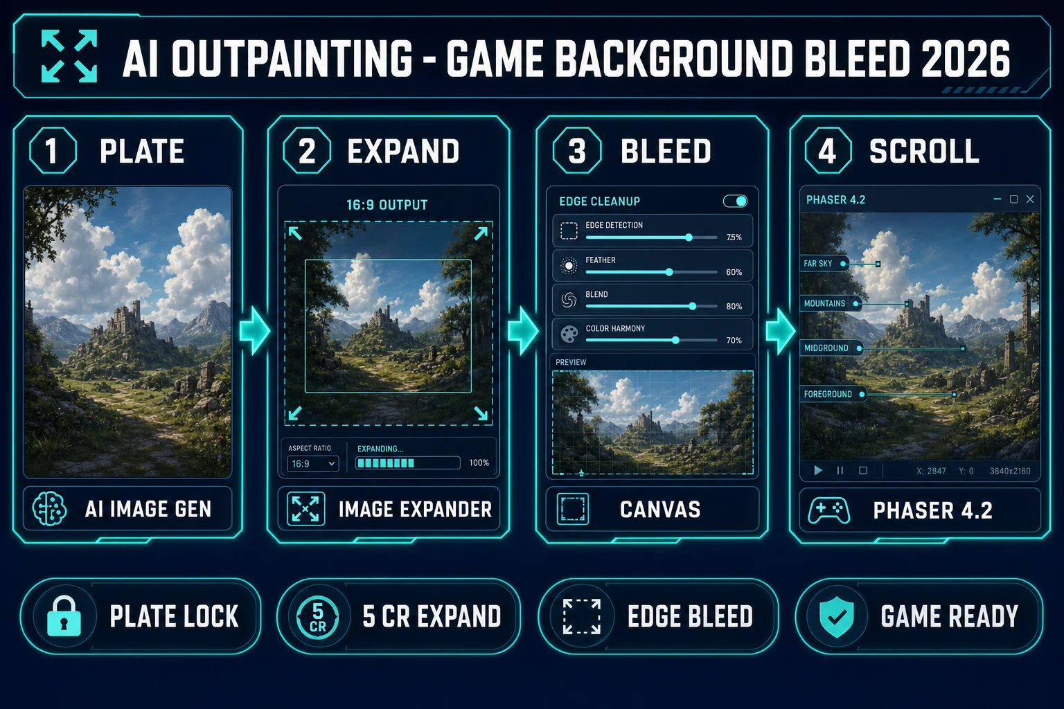 AI outpainting in 2026 — four-step browser pipeline from AI Image Gen midground plate through Image Expander and Canvas bleed to Phaser 4.2 parallax, verified July 12, 2026