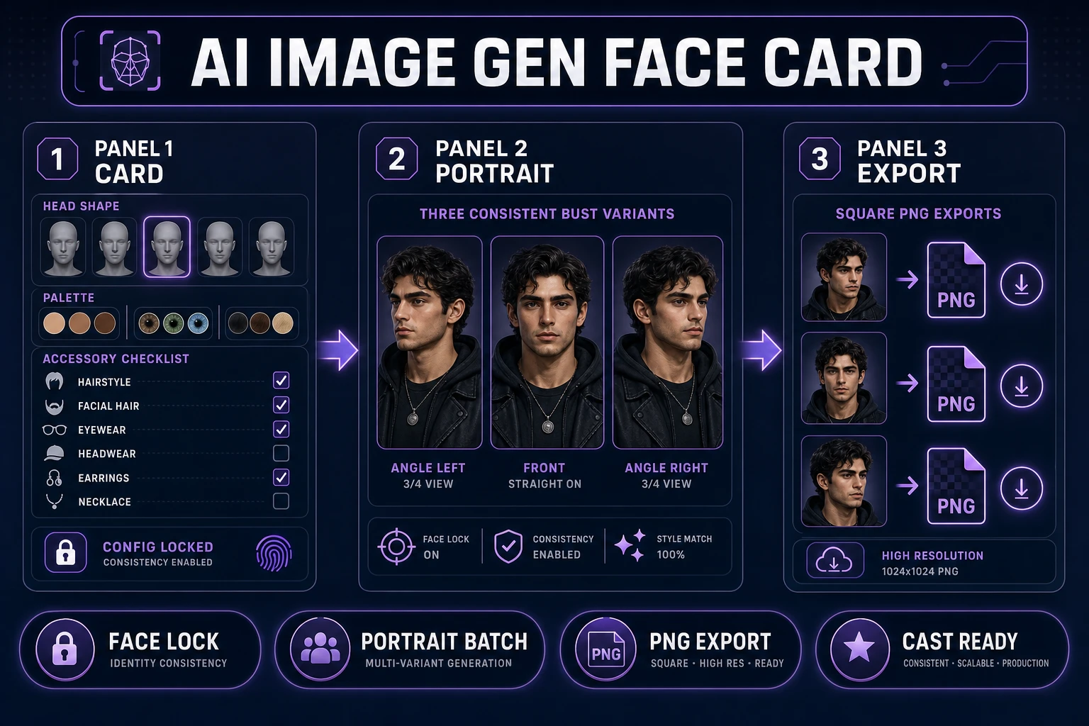 AI Image Gen face card and portrait batch for an ai avatar generator workflow, verified July 12, 2026