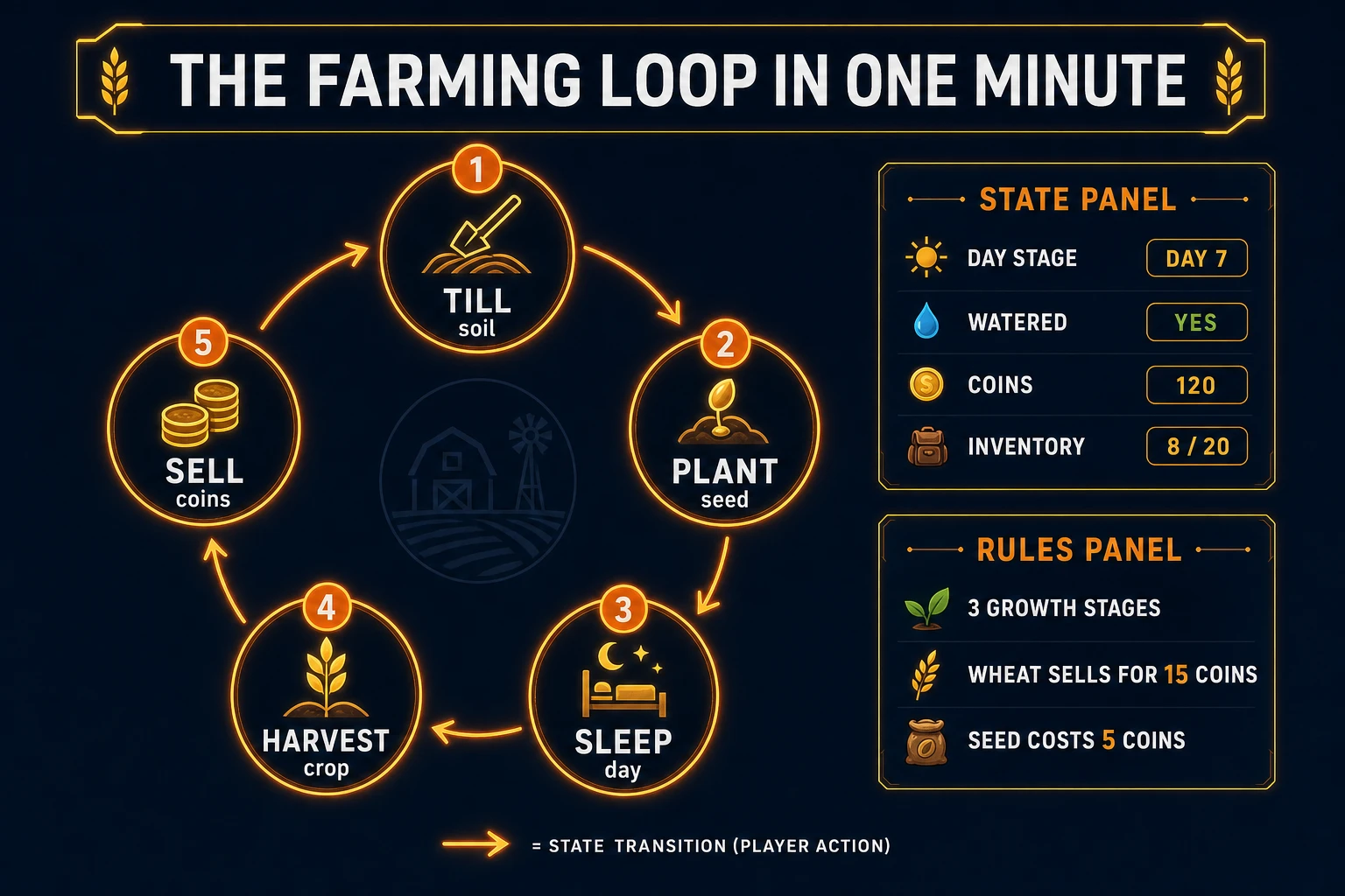 Farming game loop state machine diagram showing till soil, plant seed, sleep day, harvest crop, and sell for coins