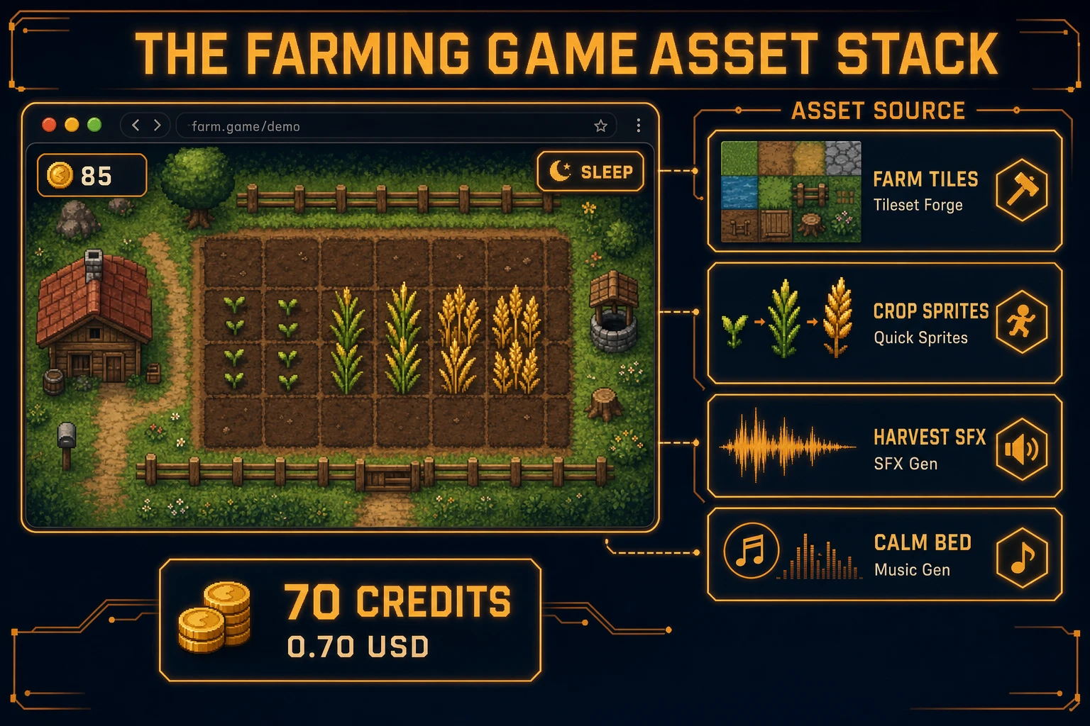 Farming game asset stack diagram showing Tileset Forge farm tiles, Quick Sprites crop frames, SFX Gen harvest audio, and Music Gen calm bed