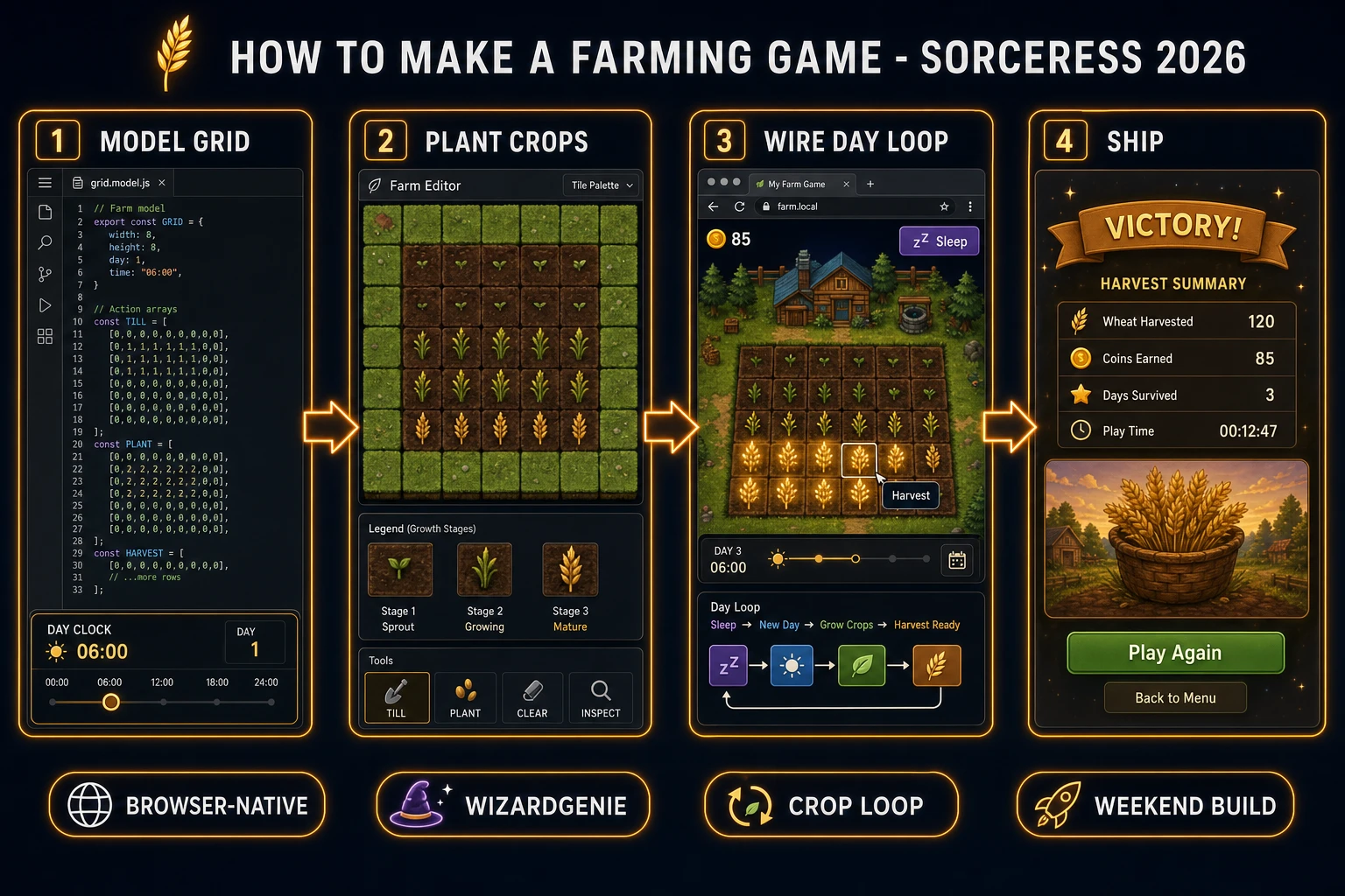 How to make a farming game browser pipeline: model farm grid and day clock, wire plant and harvest in WizardGenie, add Tileset Forge tiles and crop sprites