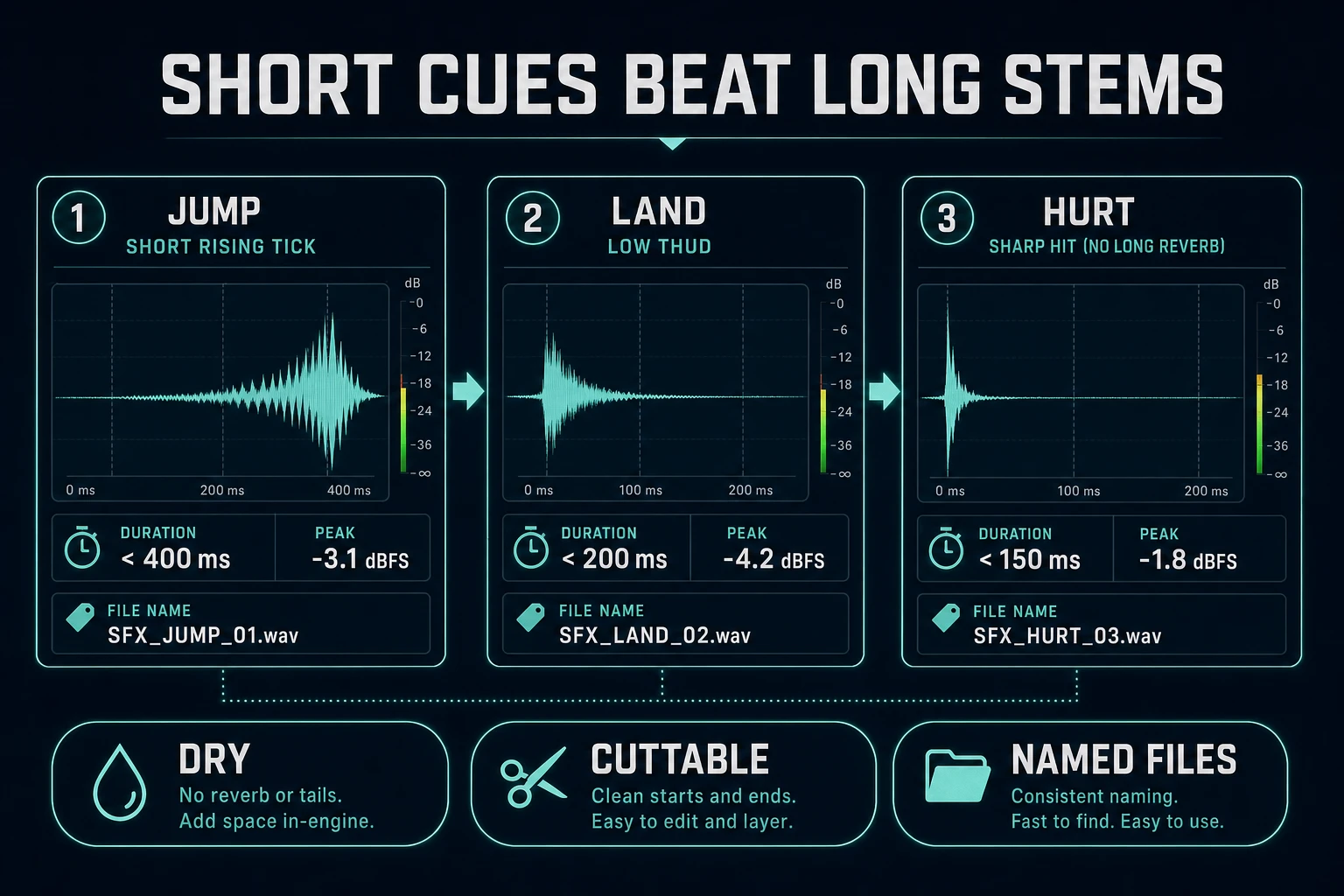 Short jump land and hurt one-shot waveforms for an ai sound effects generator game pack