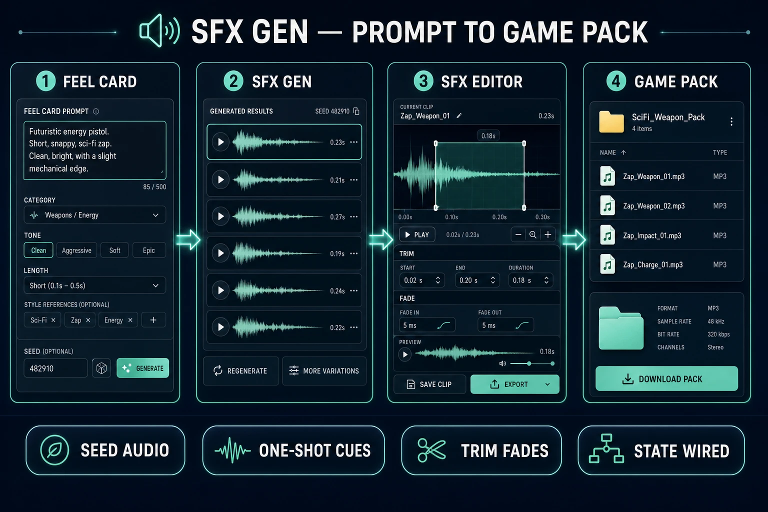 Ai sound effects generator pipeline from feel card through SFX Gen to a named game pack