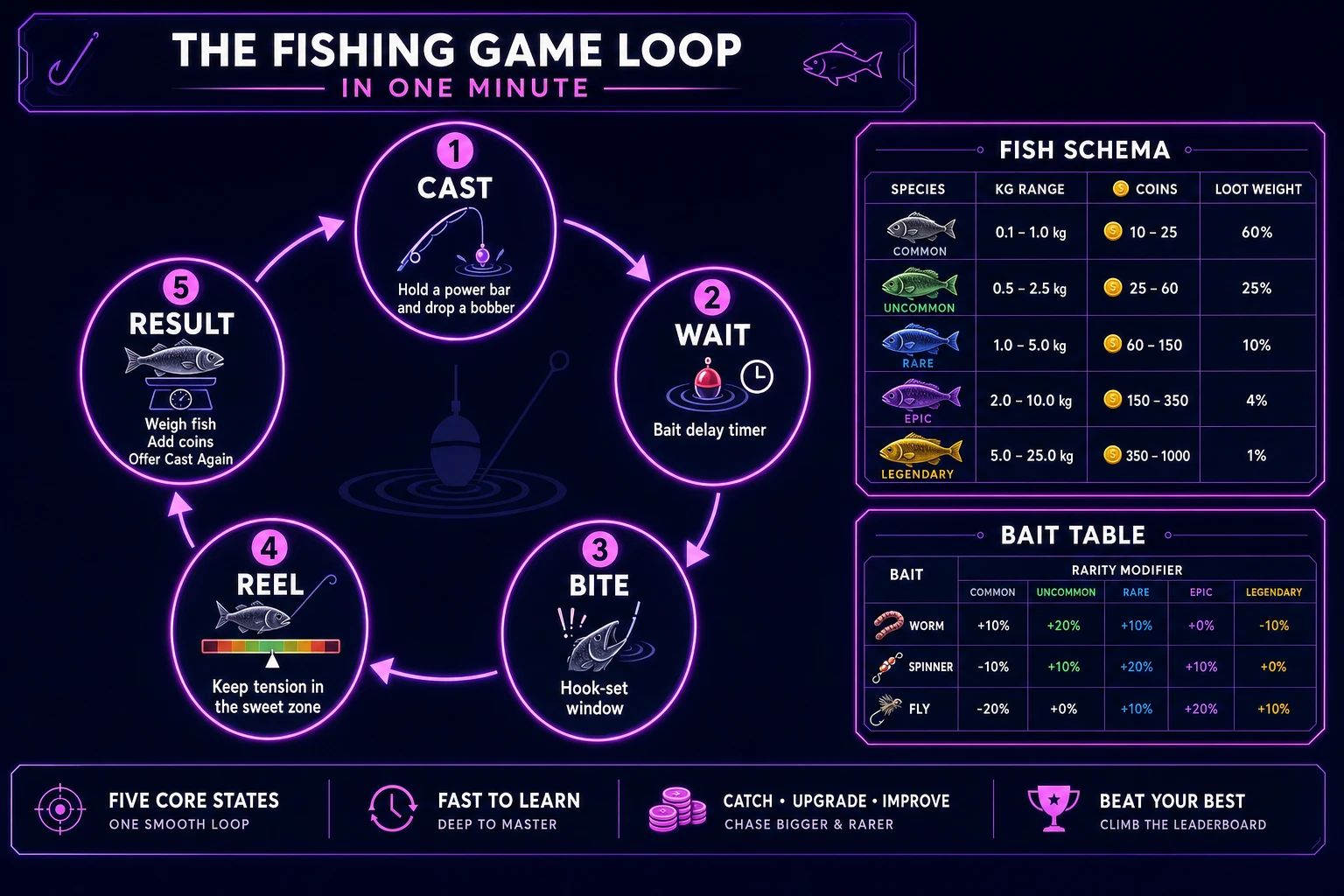 Fishing game loop state machine diagram showing cast, wait, bite, reel, and result nodes with a fish schema and bait table