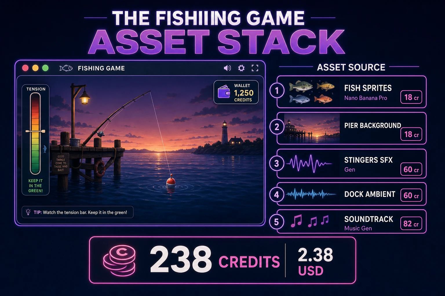 Fishing game asset stack showing a browser pier and tension bar next to asset tiles for fish sprites, pier art, stingers, ambient bed, and music tracks