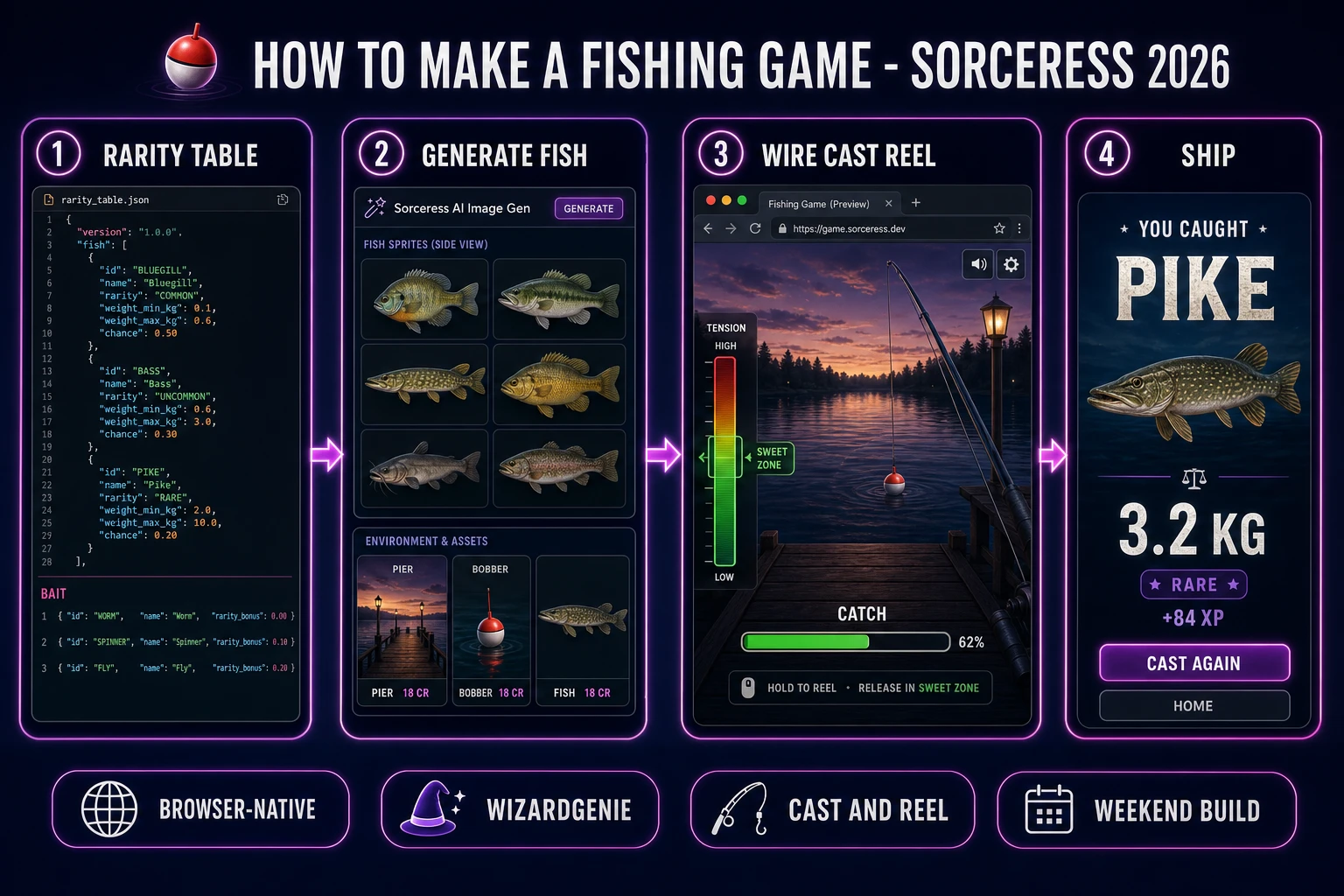 How to make a fishing game browser pipeline: model a rarity table, generate fish and pier art, wire cast bite and reel in WizardGenie, and ship a browser build