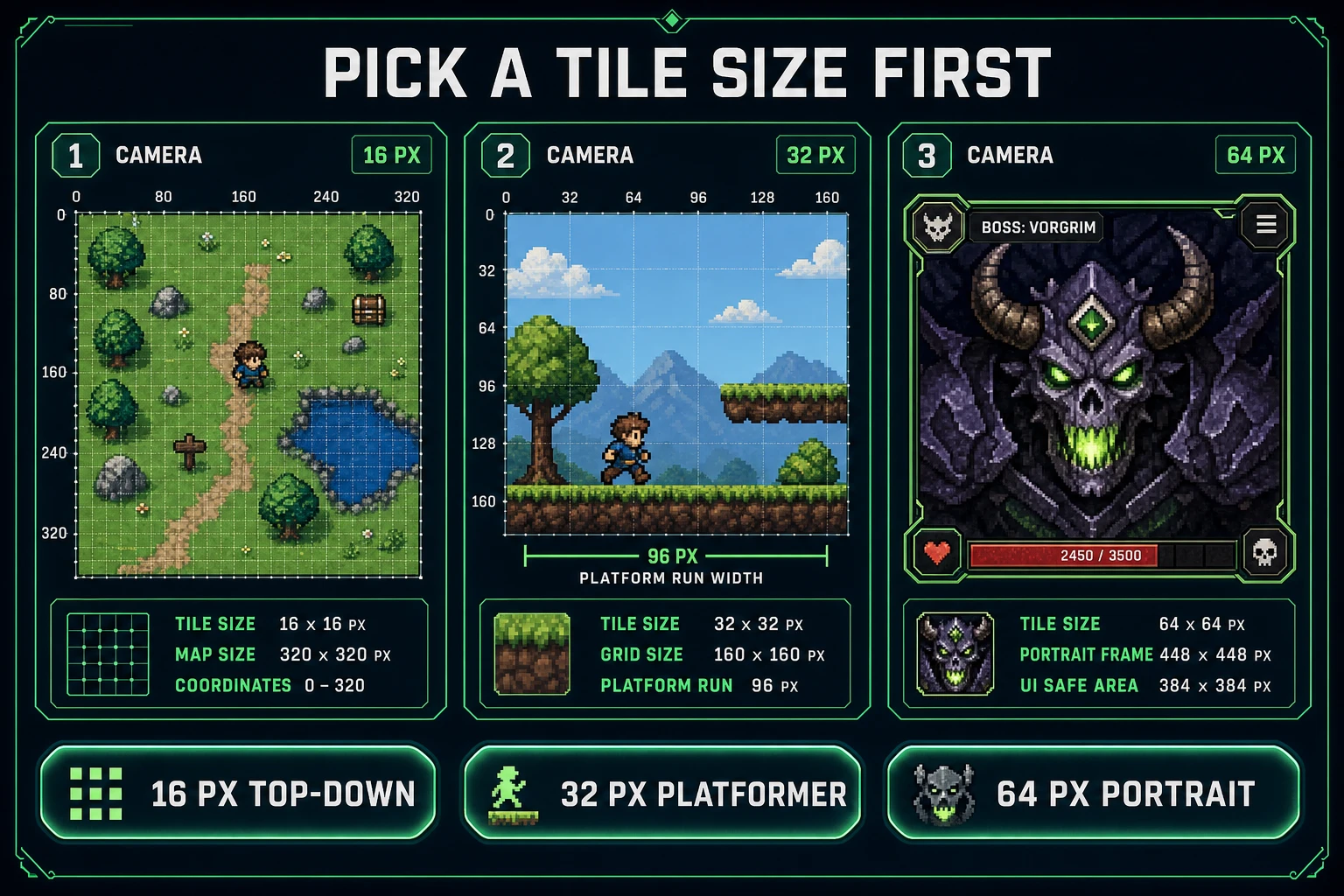 Three tile-size reference cameras for image to pixel art grid work: sixteen pixel top-down, thirty-two pixel platformer, sixty-four pixel portrait
