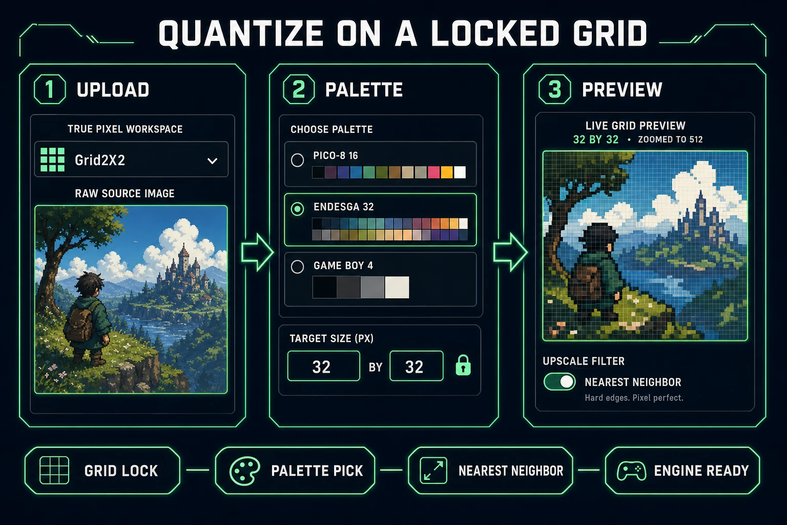 Grid conversion workflow inside True Pixel: upload source, pick palette and target size, preview locked grid before export