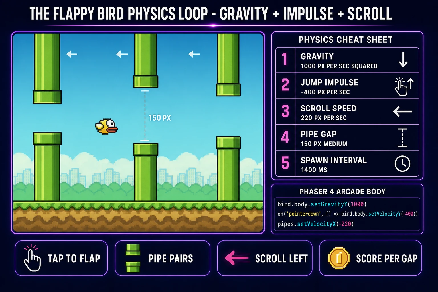 Flappy Bird physics cheat sheet: gravity 1000 pixels per second squared, jump impulse -400 pixels per second, scroll speed 220 pixels per second, pipe gap 150 pixels, spawn interval 1400 milliseconds