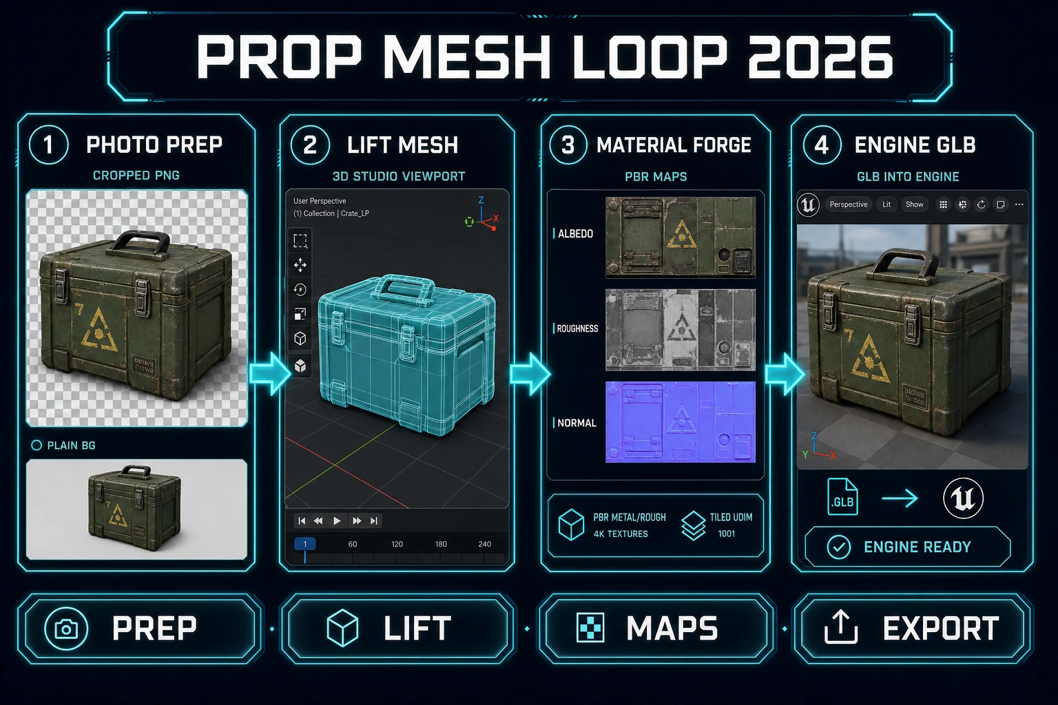 Prop mesh loop after 2D to 3D converter image with photo prep, lift, Material Forge, engine GLB