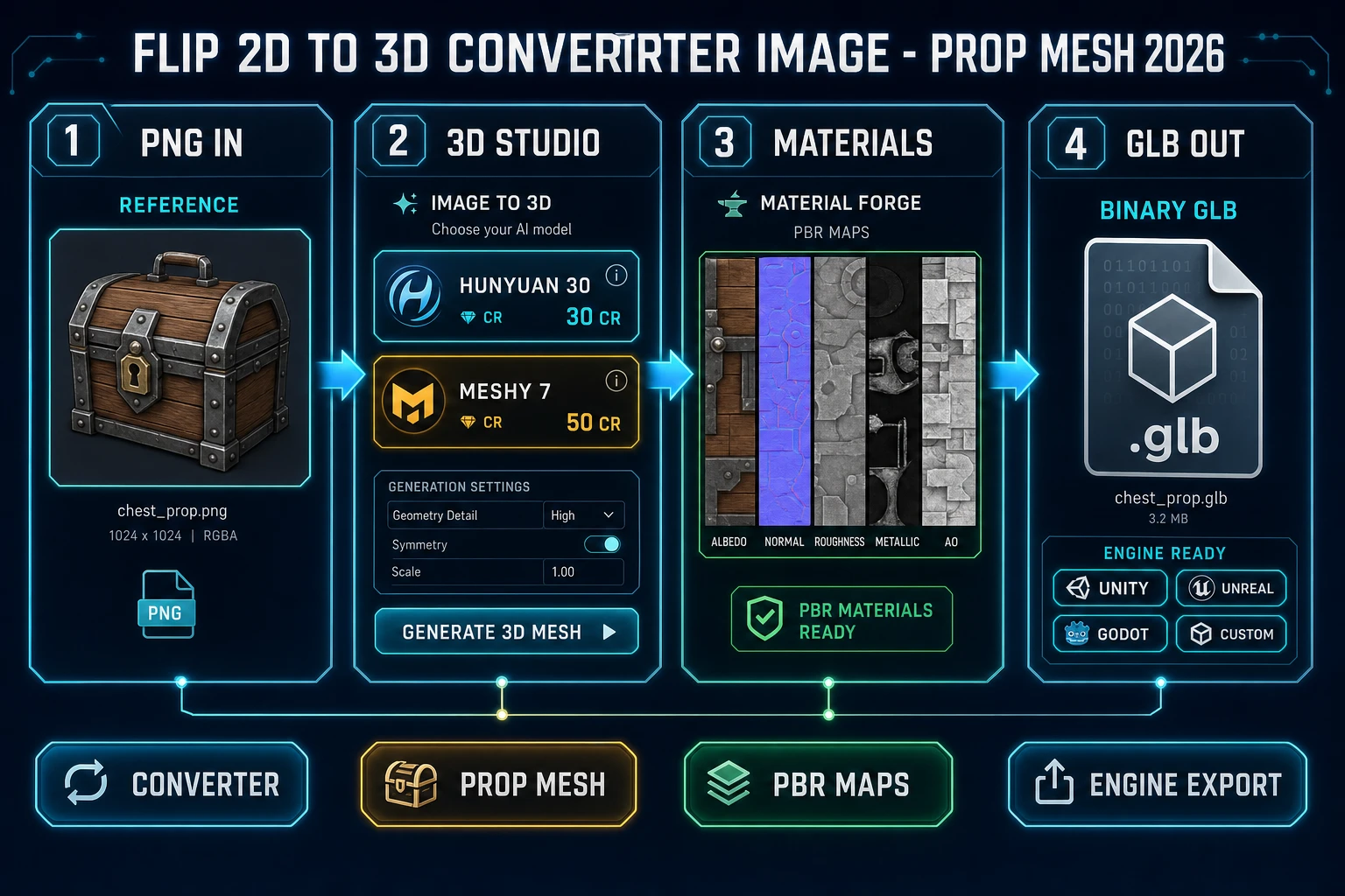 2D to 3D converter image pipeline: PNG reference, 3D Studio lift, Material Forge maps, prop GLB export