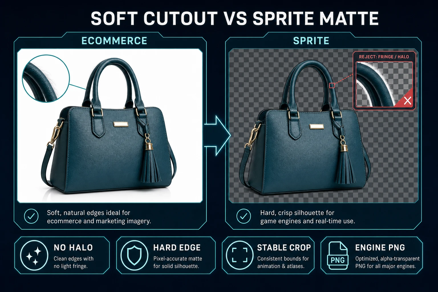 Soft ecommerce cutout versus hard sprite matte for ai remover background