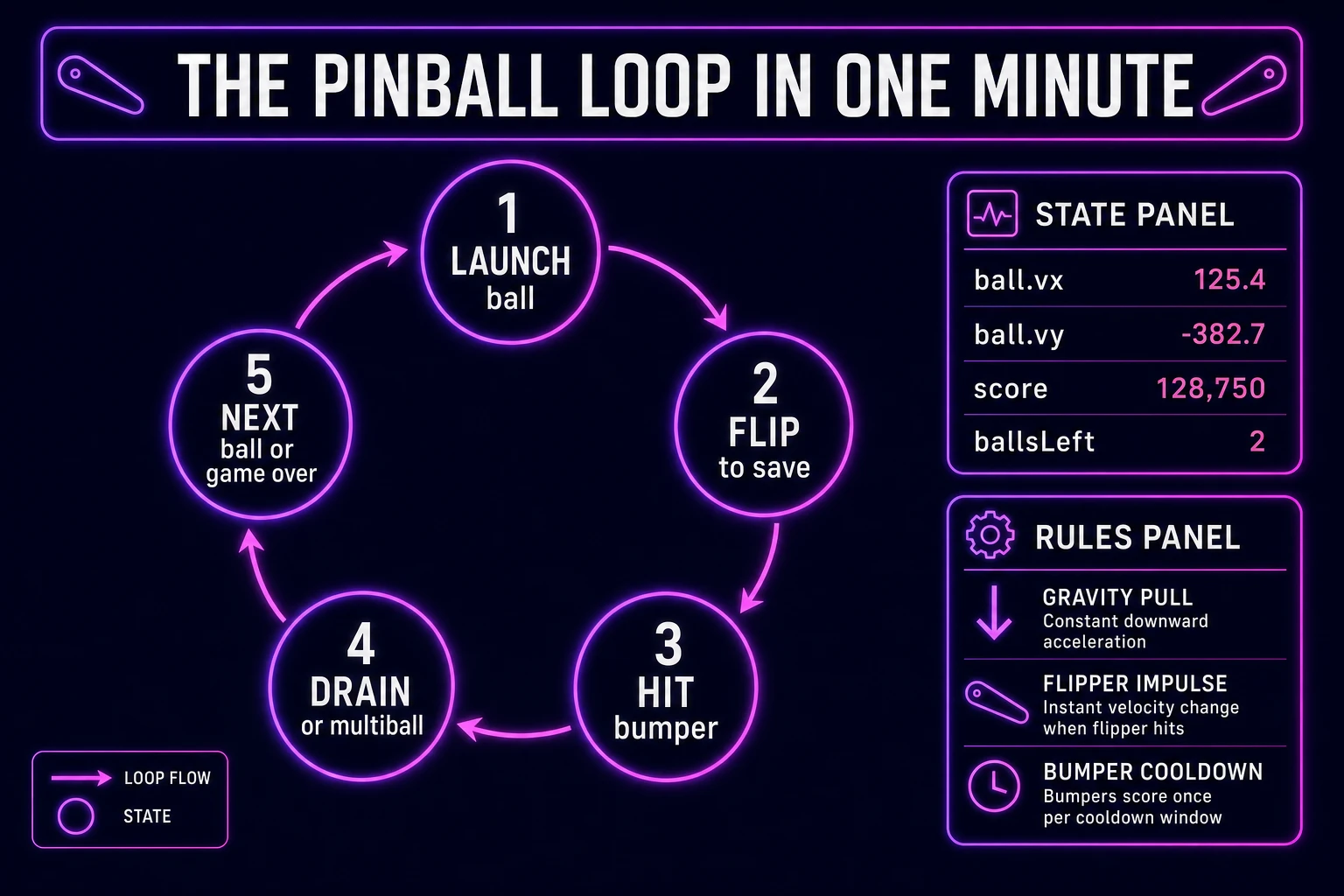 Pinball loop state machine diagram showing launch ball, flip to save, hit bumper, drain or multiball, and next ball or game over