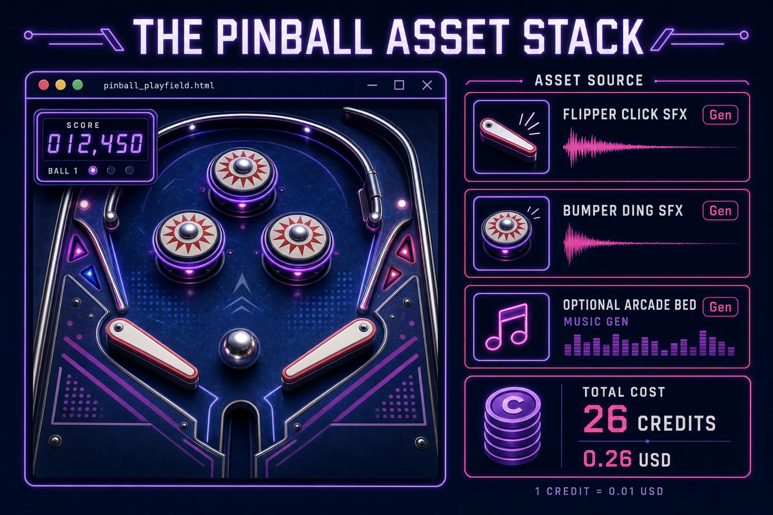 Pinball asset stack diagram showing browser playfield with SFX Gen flipper and bumper audio plus optional Music Gen arcade bed