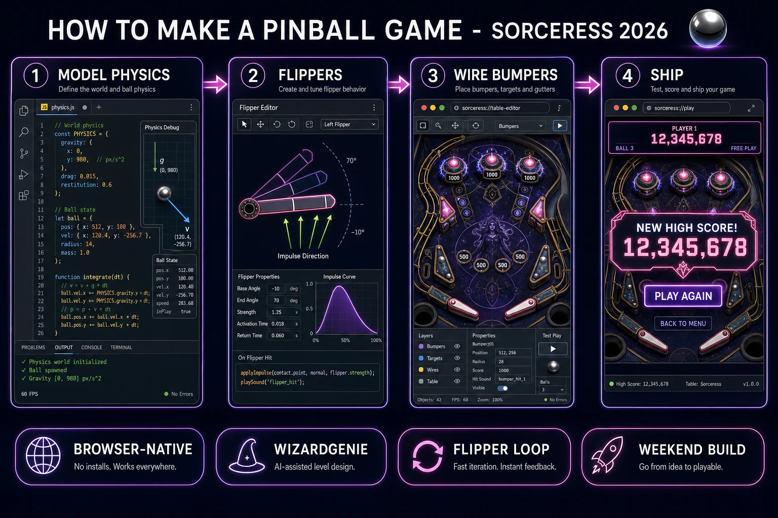 How to make a pinball game browser pipeline: model gravity ball physics and flipper impulses, wire bumper scoring in WizardGenie, and ship a browser flipper loop