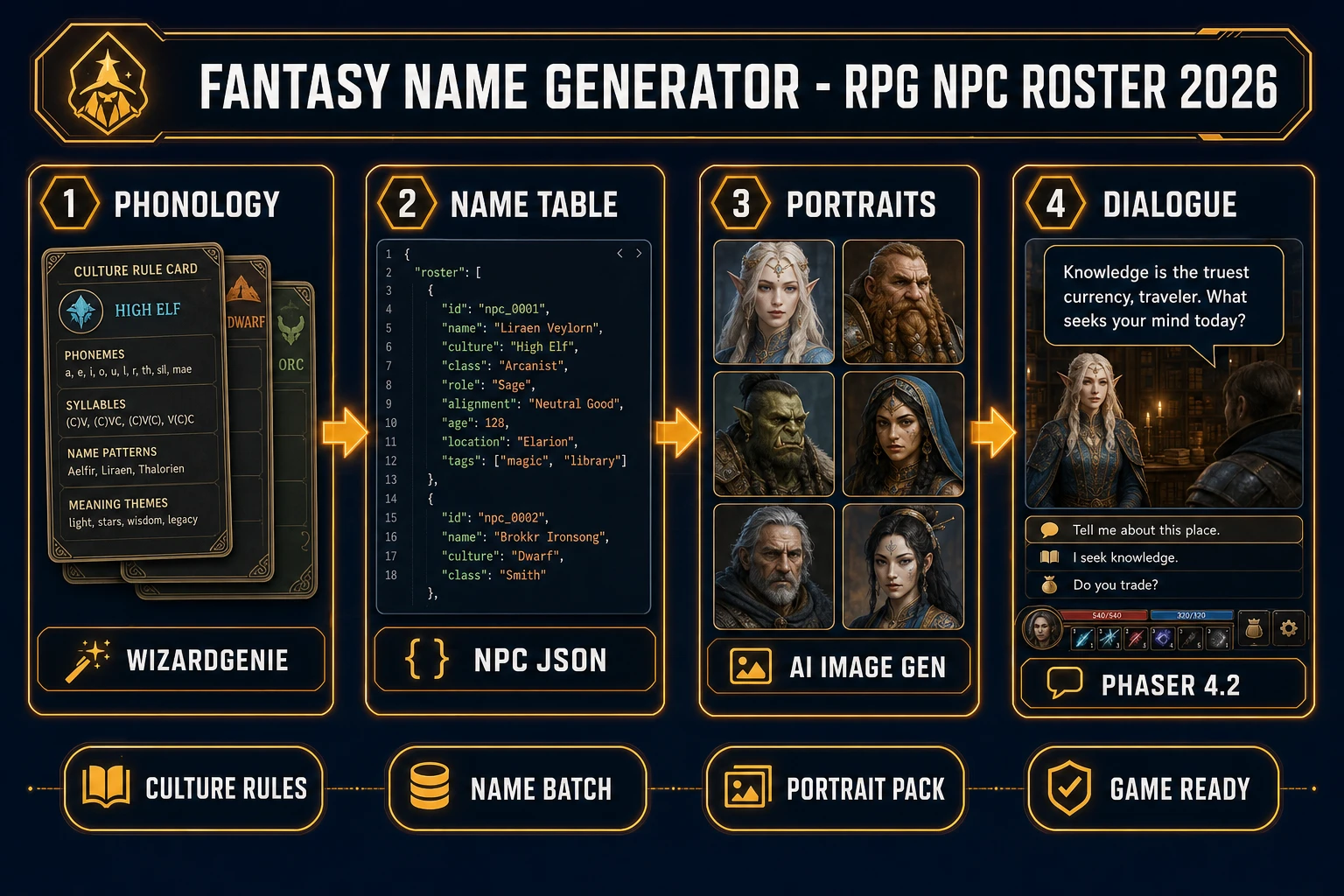 Fantasy name generator in 2026, four-step browser pipeline from WizardGenie culture phonology through JSON NPC tables and AI Image Gen portraits to Phaser 4.2 dialogue, verified July 11, 2026
