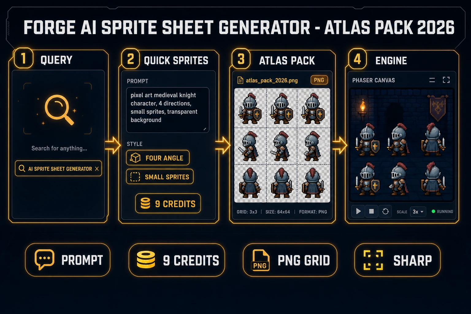 Forge ai sprite sheet generator atlas pack 2026 pipeline Quick Sprites 9 credits Phaser