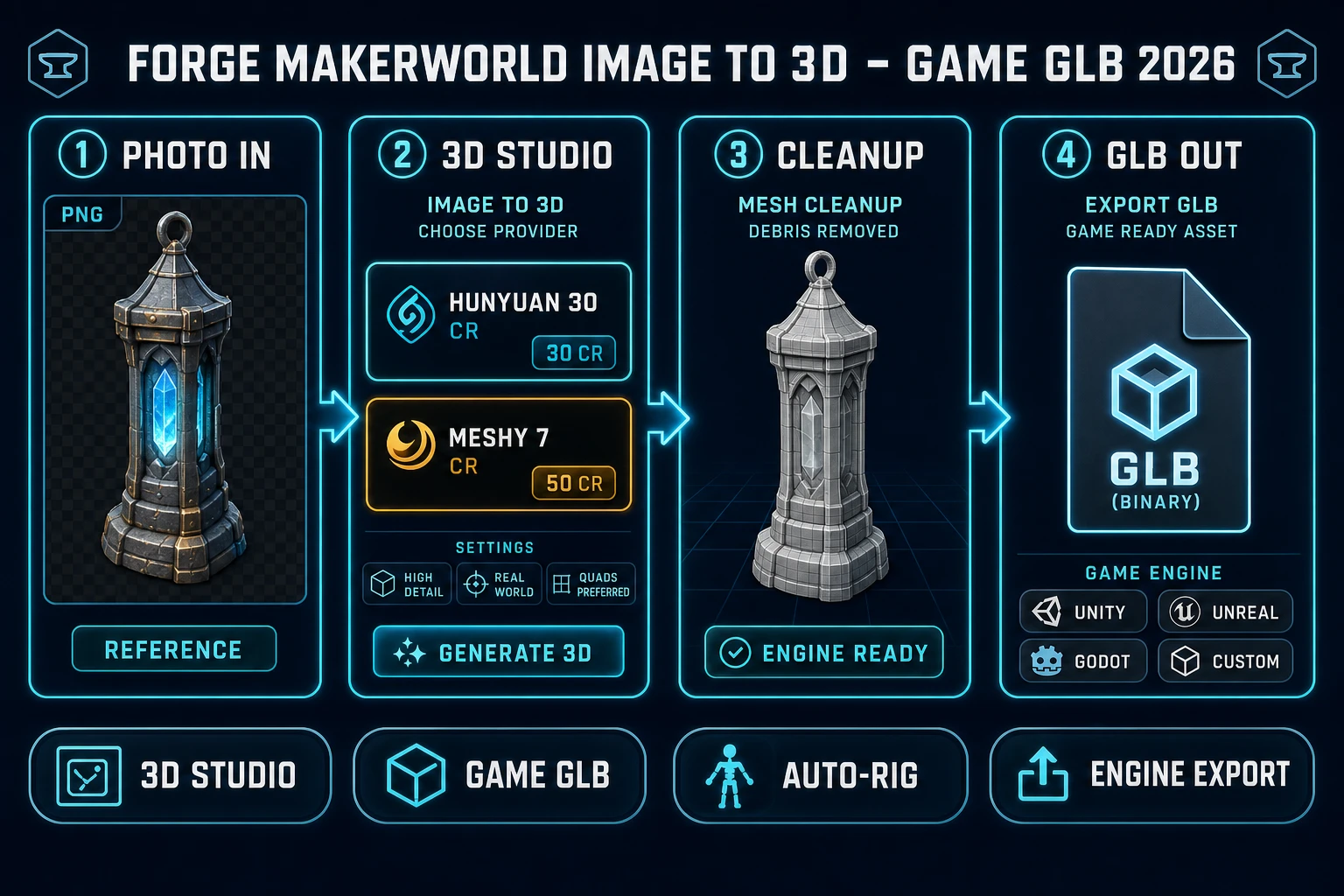 Makerworld image to 3D pipeline: photo reference, 3D Studio lift, cleanup, game GLB export