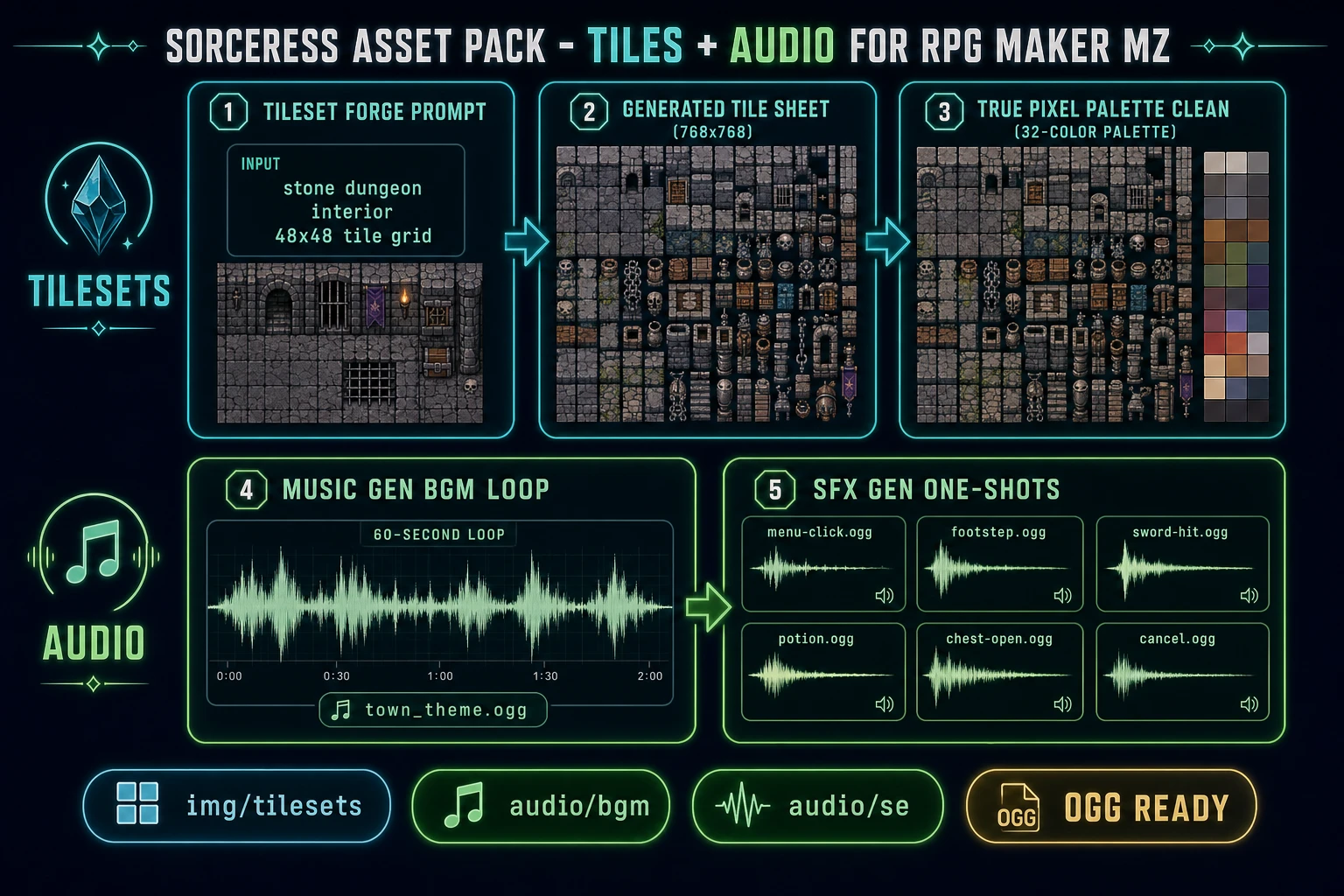 Tileset and audio pipeline: Tileset Forge to True Pixel palette clean to img/tilesets folder, plus Music Gen BGM loop and SFX Gen one-shot to audio/bgm and audio/se folders
