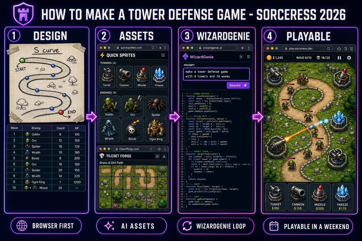 How to make a tower defense game pipeline: paper design, asset pack from Quick Sprites and Tileset Forge, code in WizardGenie, playable browser build