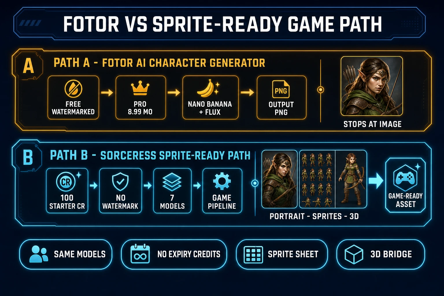 Side-by-side comparison of two AI character generation paths, top path labeled Fotor AI character generator showing free watermarked tier and Pro at 8.99 per month with output stopping at a single PNG image, bottom path labeled Sorceress sprite-ready path showing 100 starter credits with no watermark and seven models bridging to a sprite sheet and a 3D model, on a dark navy background with amber and cyan accents