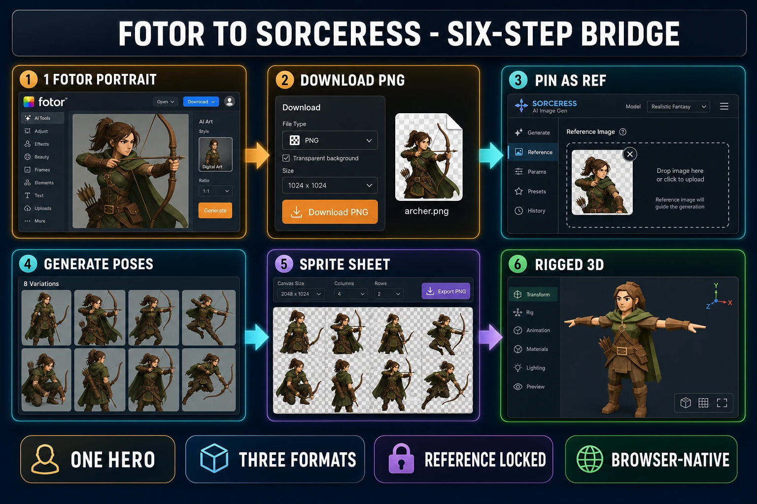 Six-step bridge from the Fotor AI character generator into the Sorceress sprite-ready game path, panels labeled Fotor portrait then download PNG then pin as reference in Sorceress then generate pose variants then sprite sheet then rigged 3D, with the same forest archer character shown through all six steps, on a dark navy background with amber, cyan, purple, and emerald accents