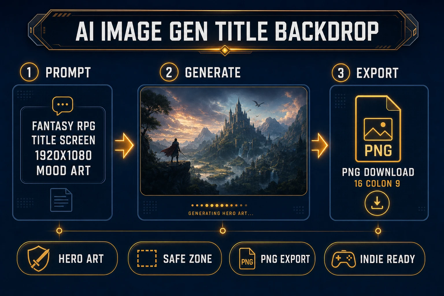 AI Image Gen pipeline generating a 1920x1080 fantasy RPG title screen hero backdrop for browser game boot art, verified July 10, 2026