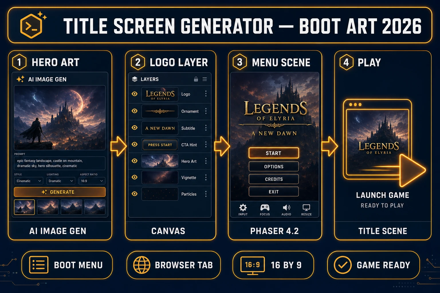 Title screen generator in 2026 — four-step browser pipeline from AI Image Gen hero backdrop through Canvas logo layers to Phaser 4.2 menu scene, verified July 10, 2026