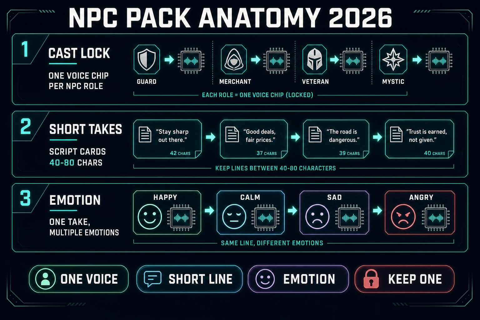 NPC pack anatomy for ai character voice generator: cast lock, short takes, emotion chips