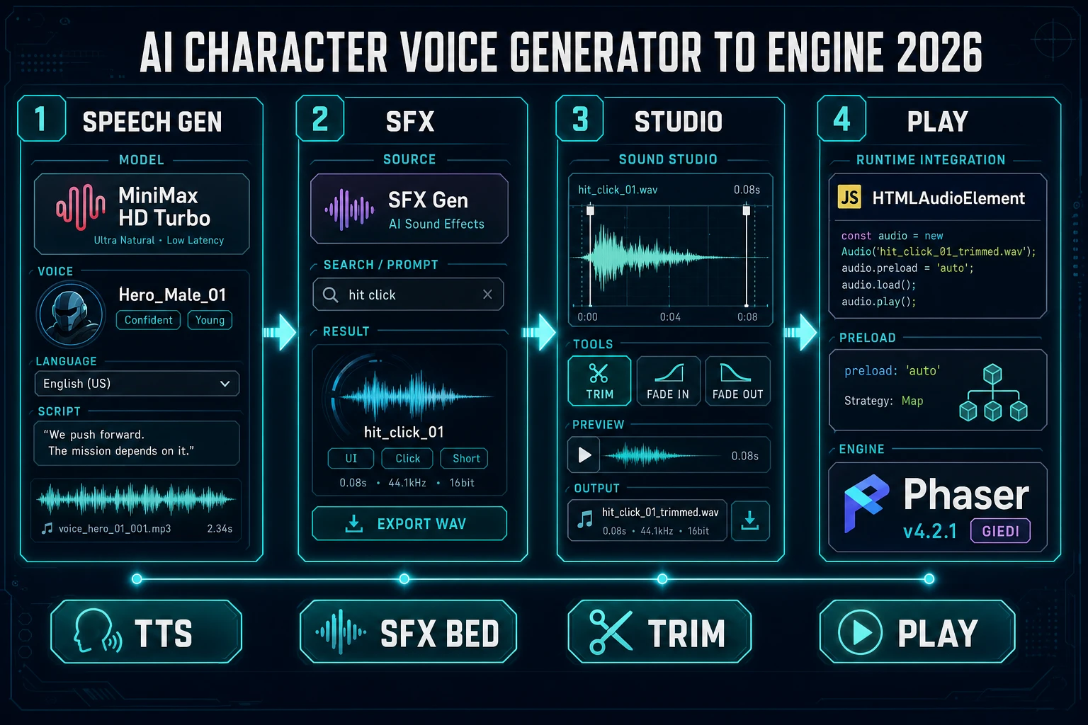 AI character voice generator to engine path: Speech Gen, SFX bed, Sound Studio trim, HTMLAudioElement and Phaser cue