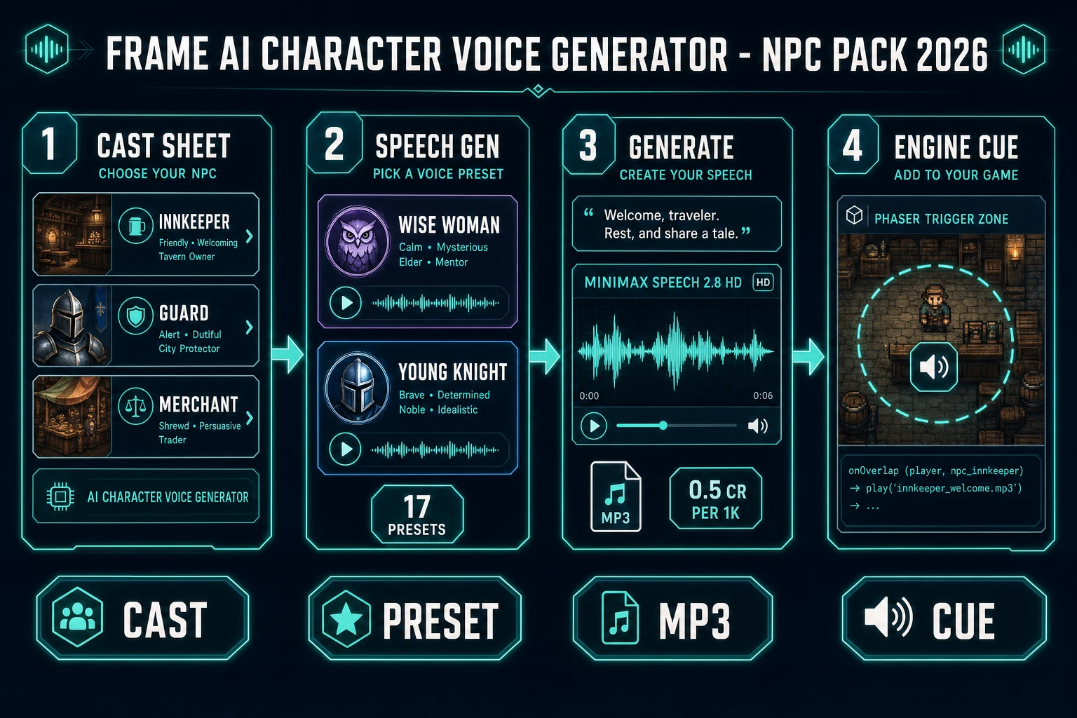 AI character voice generator NPC pack pipeline: cast sheet, Speech Gen presets, MiniMax mp3, engine cue