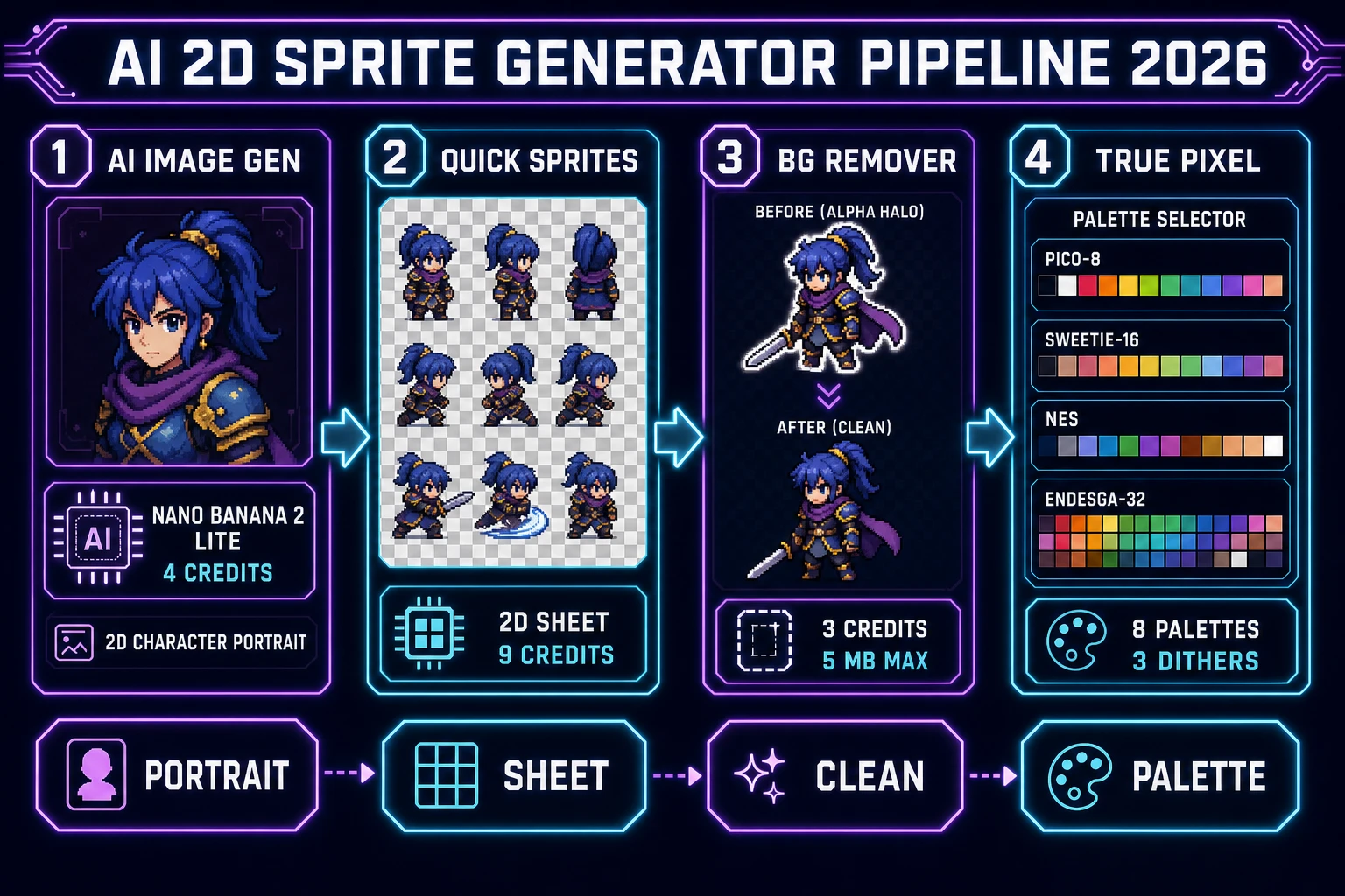 AI 2d sprite generator pipeline 2026: Nano Banana 2 Lite portrait at 4 credits, Quick Sprites rd-animation grid at 9 credits, BG Remover alpha halo cleanup at 3 credits, and True Pixel palette selector with PICO-8, SWEETIE-16, NES, and Endesga-32