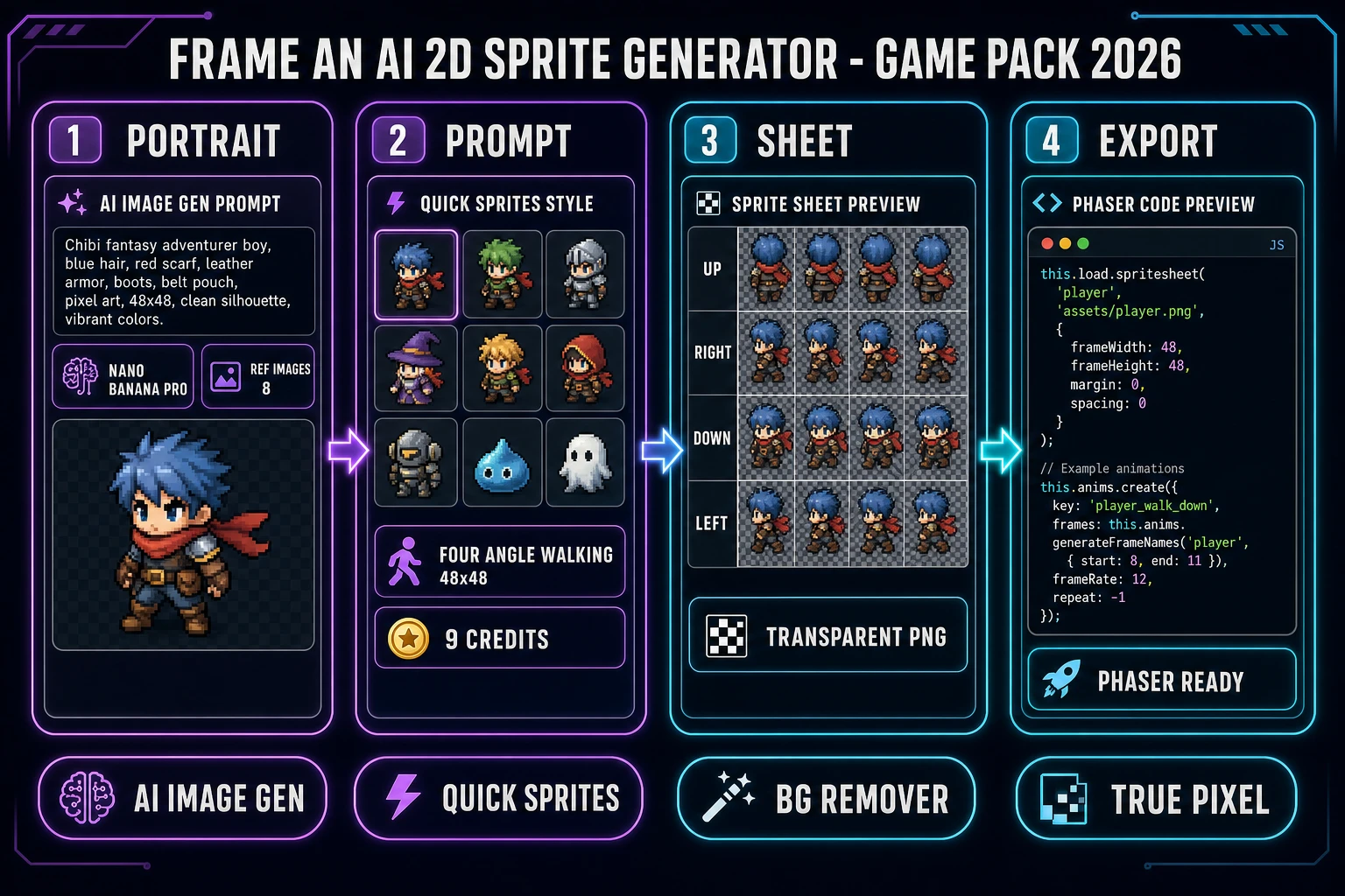 Frame an ai 2d sprite generator game pack 2026: four-panel Sorceress pipeline showing an AI Image Gen portrait, a Quick Sprites style picker, a transparent-background PNG grid, and a Phaser this.load.spritesheet call
