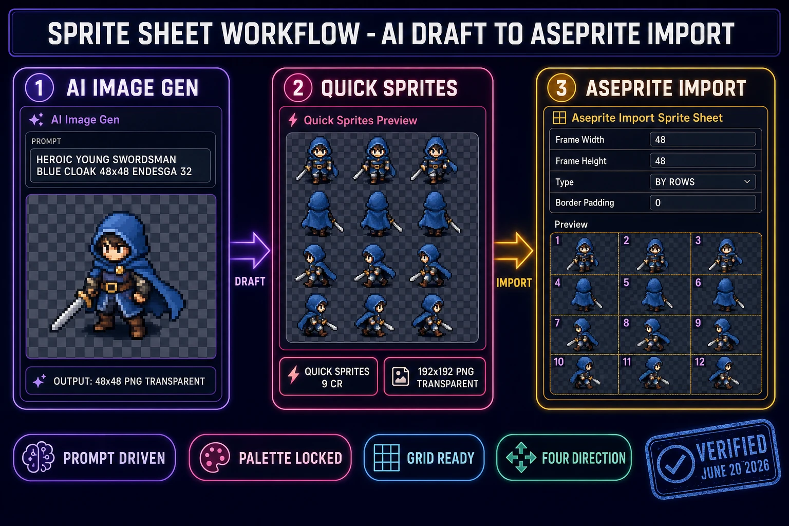 Aseprite sprite sheet workflow diagram with three panels showing AI Image Gen prompt, Quick Sprites walk-cycle output, and Aseprite import-sprite-sheet dialog with frame grid - verified June 20, 2026
